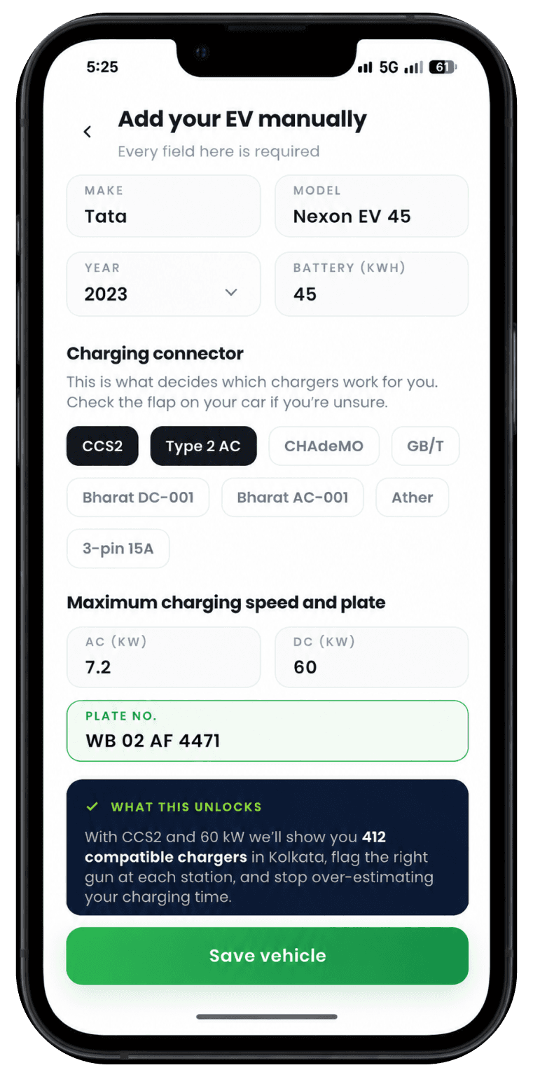 Garage screen: saved vehicles with connector, battery size and home tariff