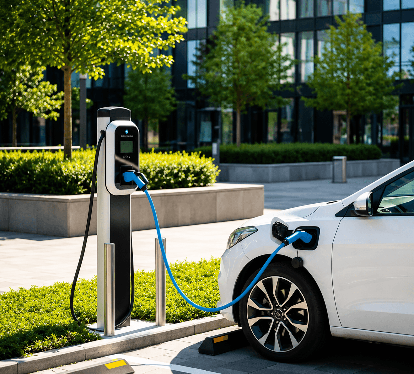A driver checking a charge point before plugging in